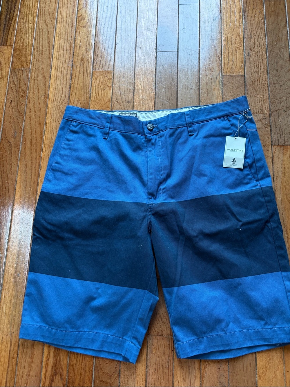 Volcom Men's Blue and Navy Colorblock Flat Front Shorts